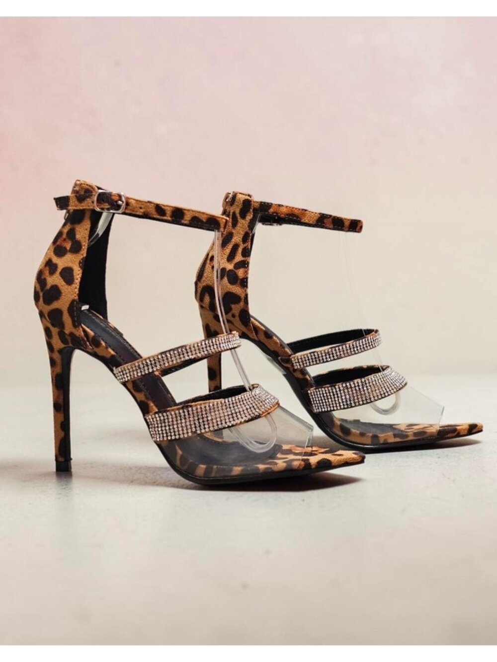 Leopard Print High Heels With Rhinestone Straps & Clear Vinyl Accents Adjustable